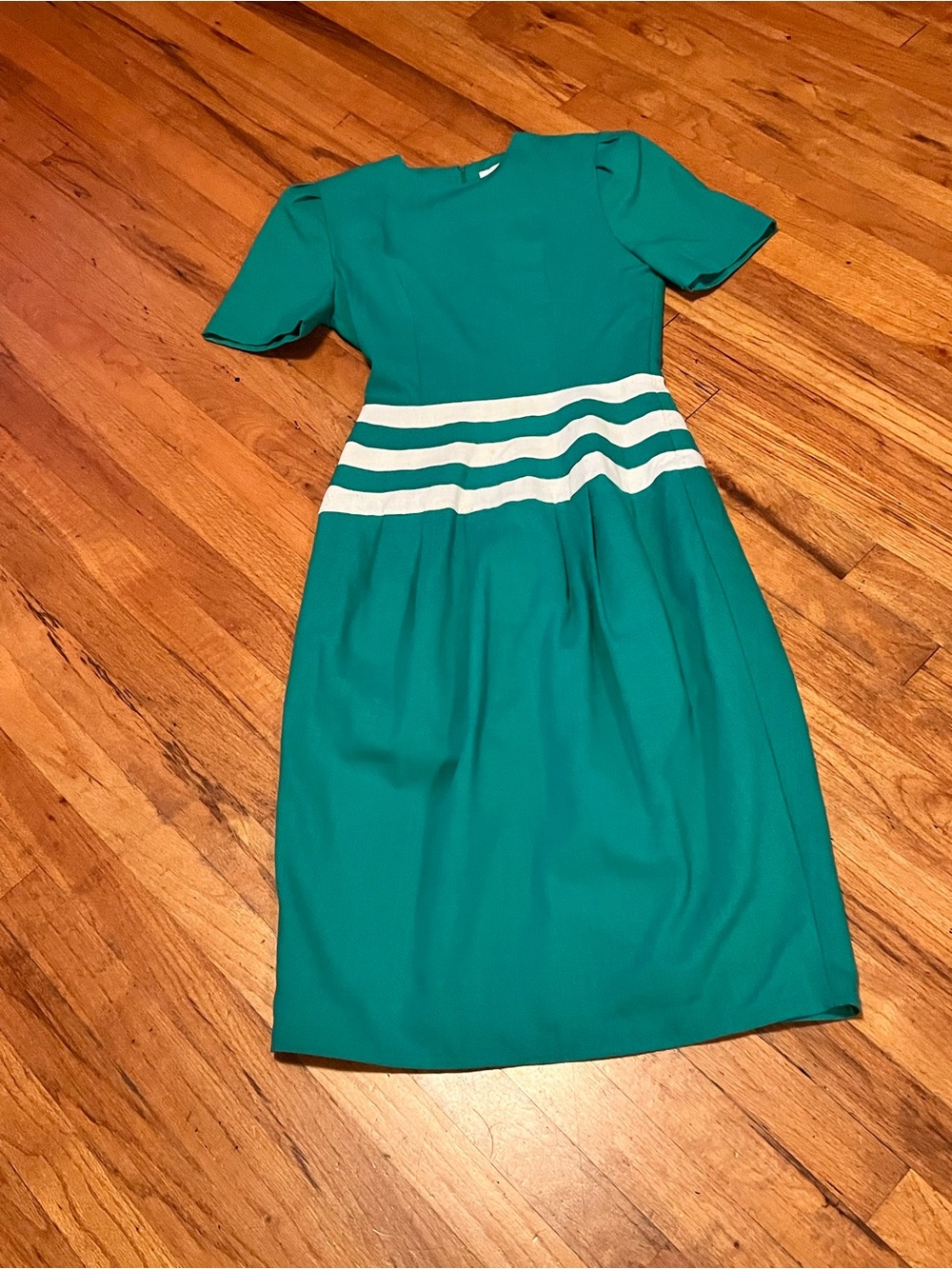 Vintage Green Midi Dress with White Waist Stripes